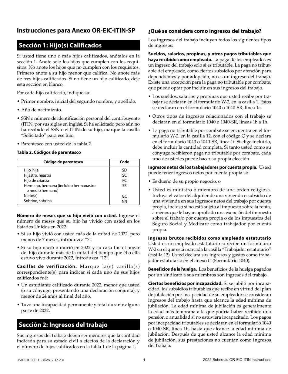 Instrucciones para Formulario 150-101-500, OR-EIC-ITIN Credito Por Ingreso Del Trabajo De Oregon - Oregon (Spanish), Page 4