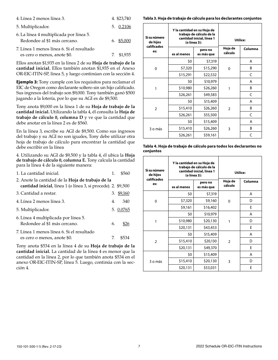 Instrucciones para Formulario 150-101-500, OR-EIC-ITIN Credito Por Ingreso Del Trabajo De Oregon - Oregon (Spanish), Page 7
