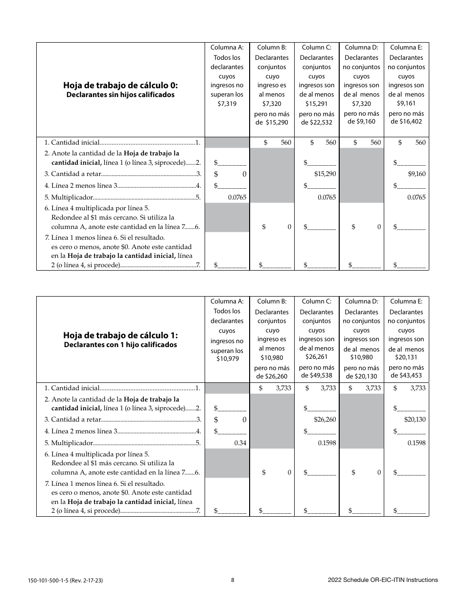 Instrucciones para Formulario 150-101-500, OR-EIC-ITIN Credito Por Ingreso Del Trabajo De Oregon - Oregon (Spanish), Page 8