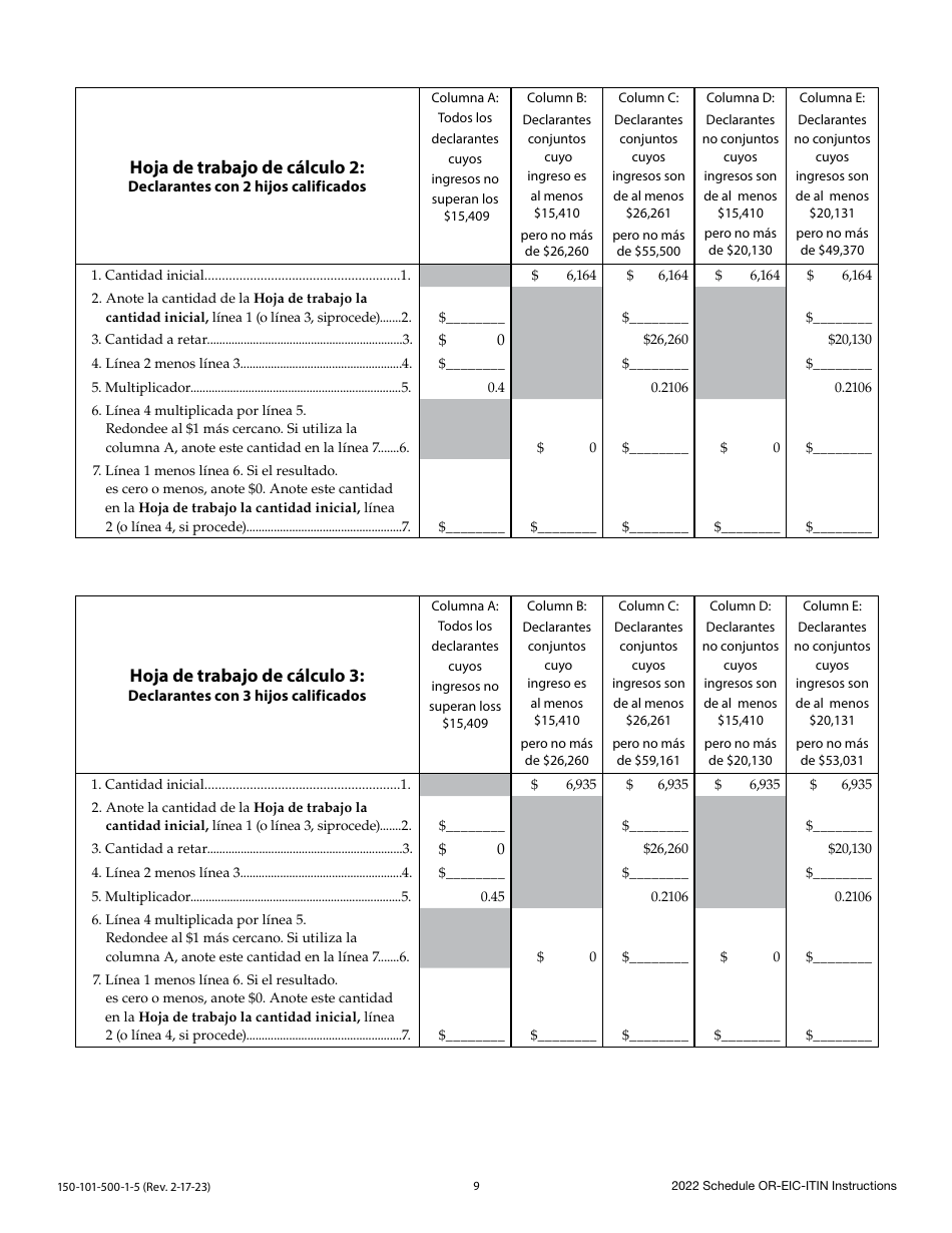 Instrucciones para Formulario 150-101-500, OR-EIC-ITIN Credito Por Ingreso Del Trabajo De Oregon - Oregon (Spanish), Page 9