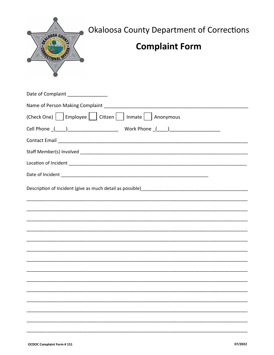 Form 151 Complaint Form - Okaloosa County, Florida, Page 1