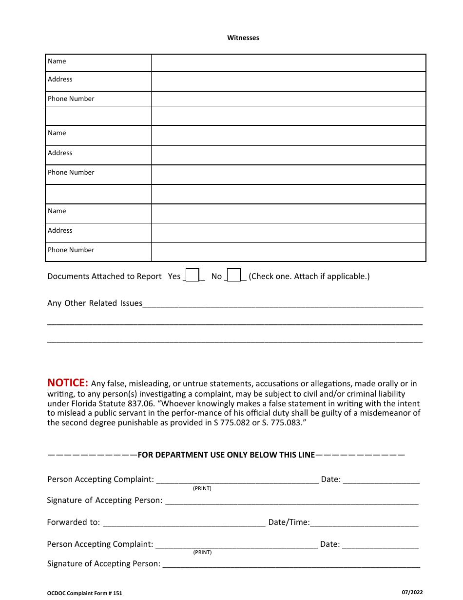 Form 151 Complaint Form - Okaloosa County, Florida, Page 2