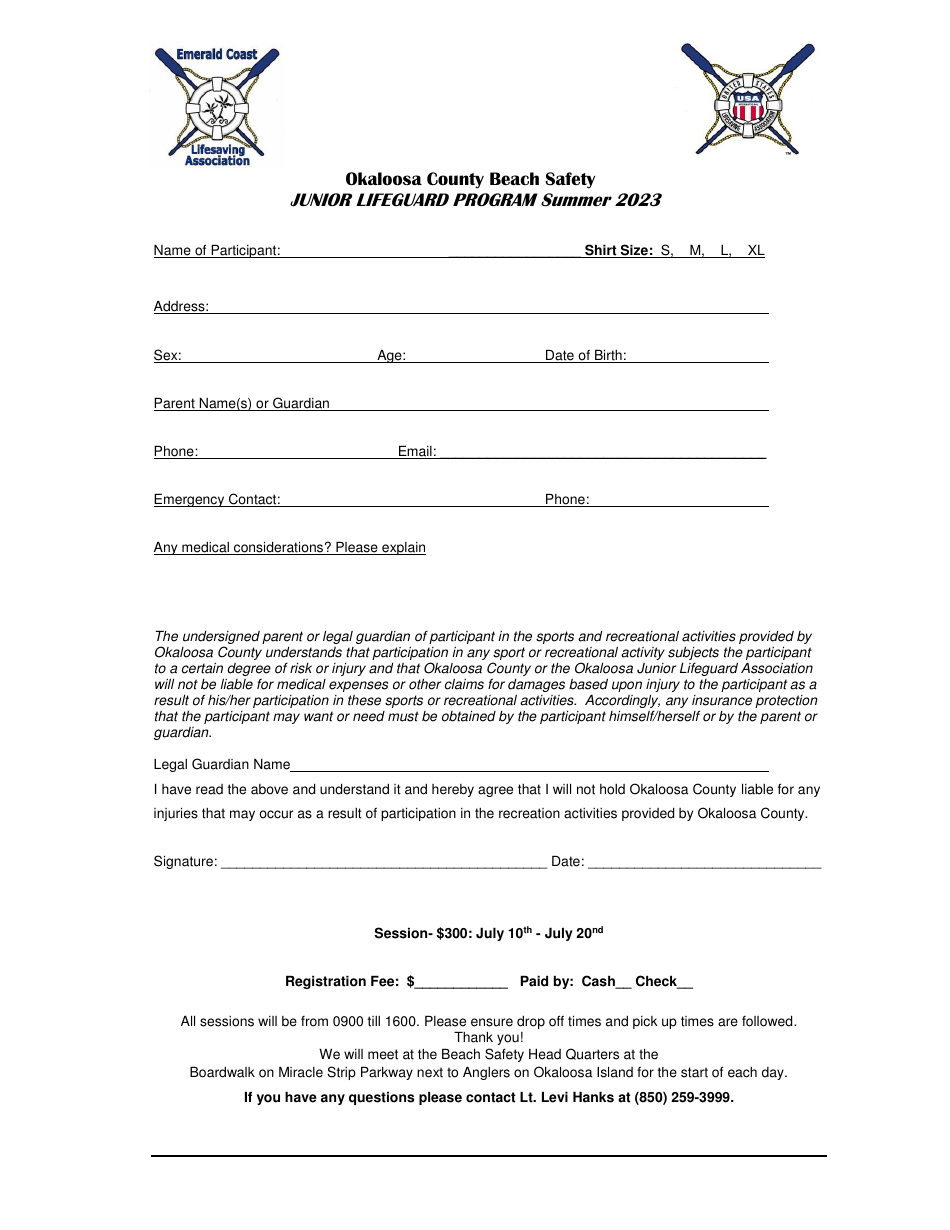 Okaloosa County Beach Safety Junior Lifeguard Program Application - Okaloosa County, Florida, Page 1
