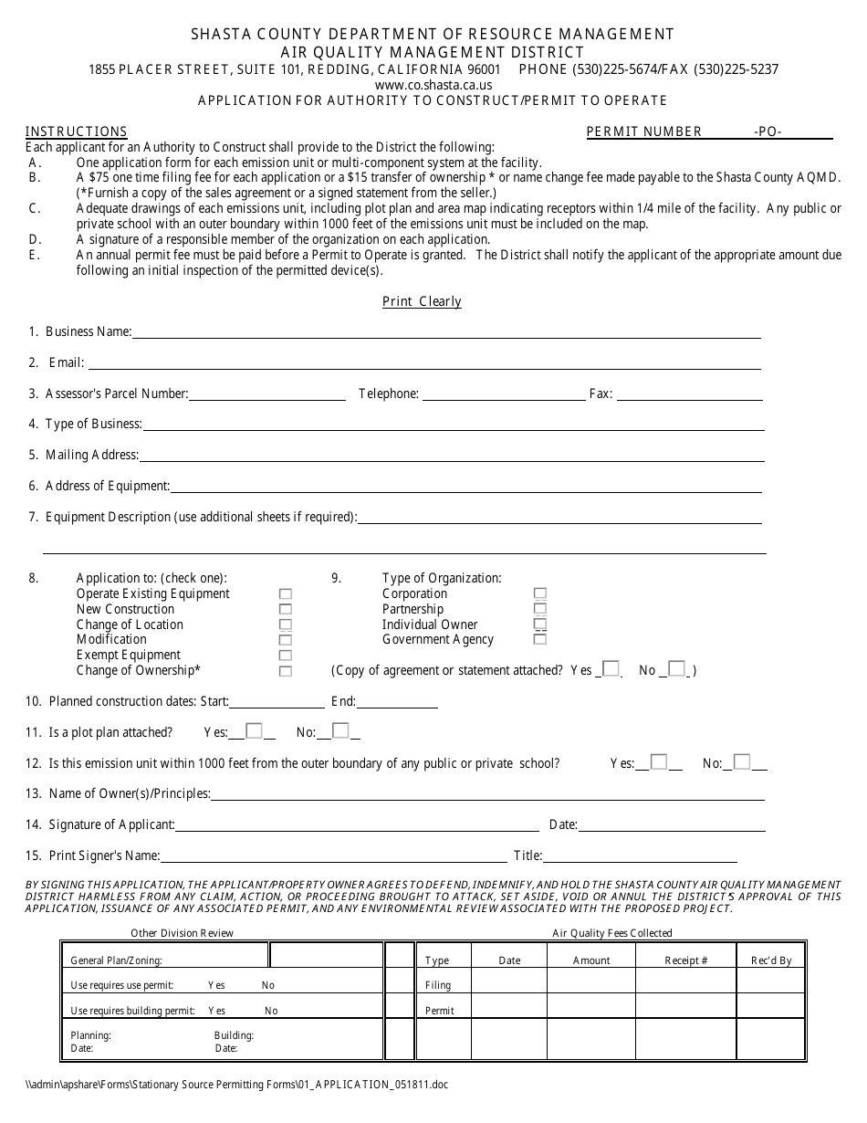 Application for Authority to Construct / Permit to Operate - Shasta County, California, Page 1