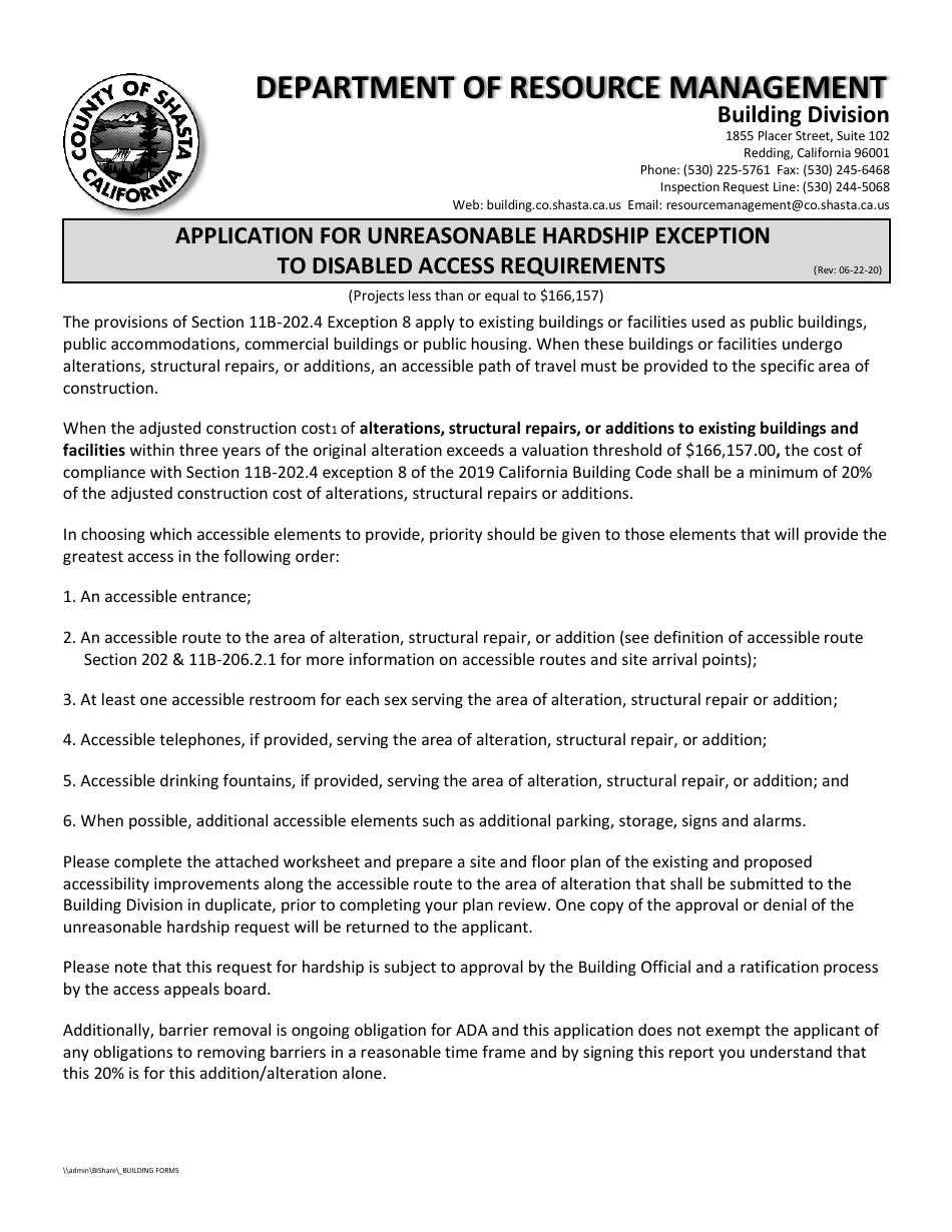 Application for Unreasonable Hardship Exception to Disabled Access Requirements - Shasta County, California, Page 1