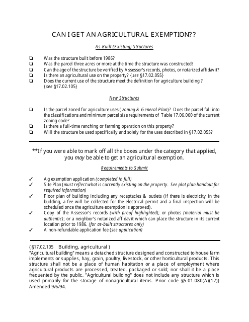 Agriculture Building Exemption - Shasta County, California Download Pdf