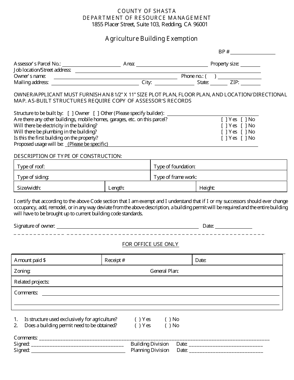 Agriculture Building Exemption - Shasta County, California, Page 3