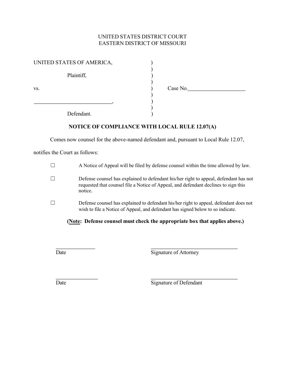 Missouri Notice of Compliance With Local Rule 12.07(A) Fill Out, Sign