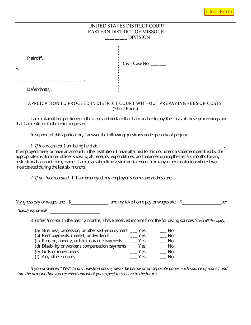 Form MOED-0046 Application to Proceed in District Court Without Prepaying Fees or Costs (Short Form) - Missouri, Page 1