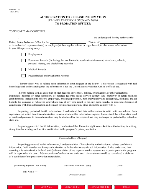 Form PROB11G Authorization to Release Information (Private Person or Organization) to Probation Officer - Missouri