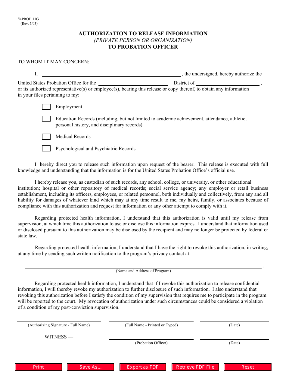Form PROB11G Authorization to Release Information (Private Person or Organization) to Probation Officer - Missouri, Page 1