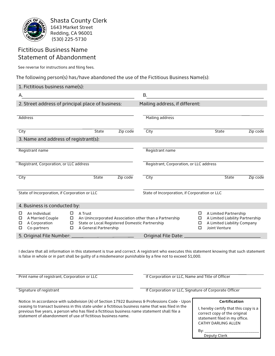 Shasta County California Fictitious Business Name Statement Of Abandonment Fill Out Sign 1141