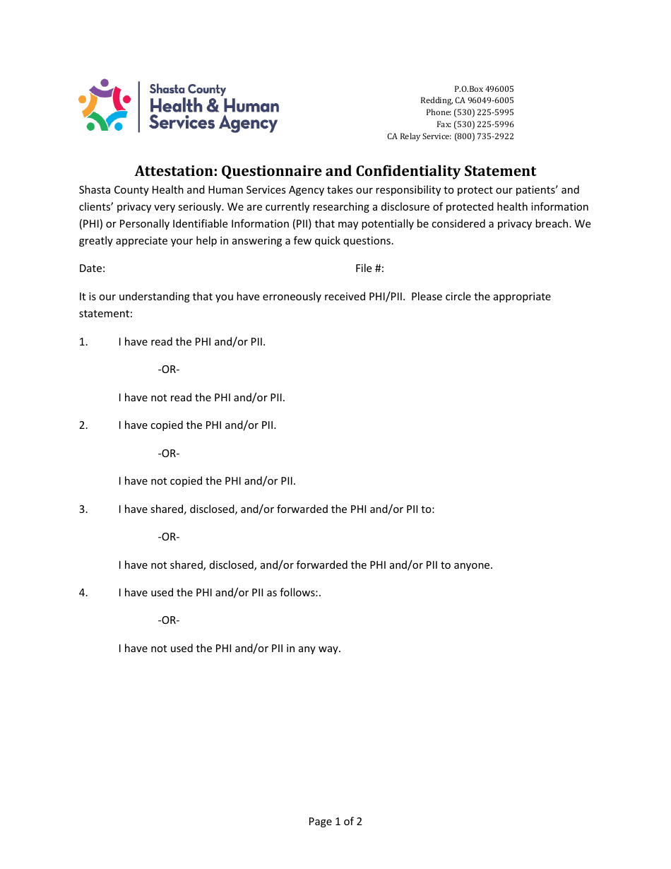 Attestation: Questionnaire and Confidentiality Statement - Shasta County, California, Page 1
