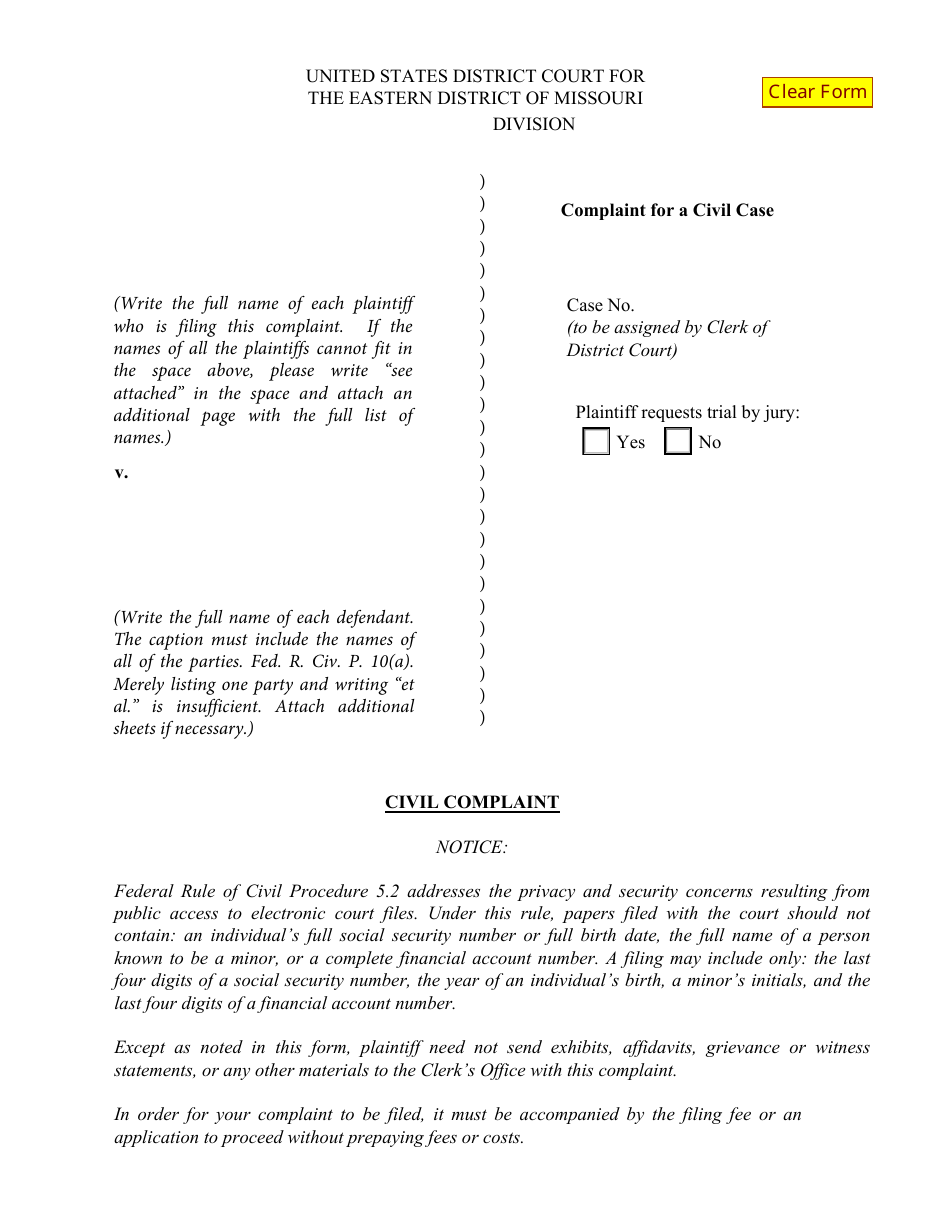 Form MOED-0032 Complaint for a Civil Case - Missouri, Page 1