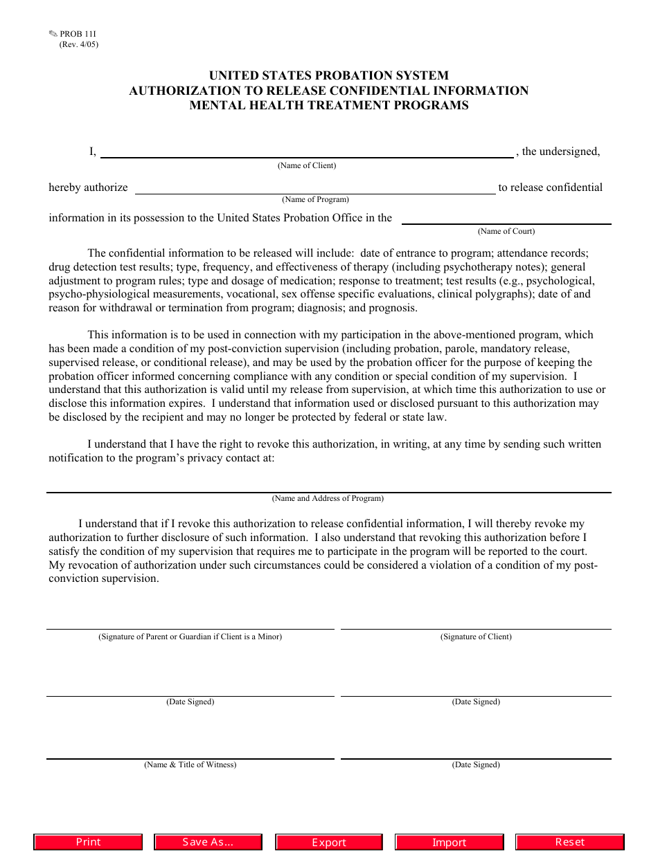 Form PROB11I Authorization to Release Confidential Information Mental Health Treatment Programs - Missouri, Page 1