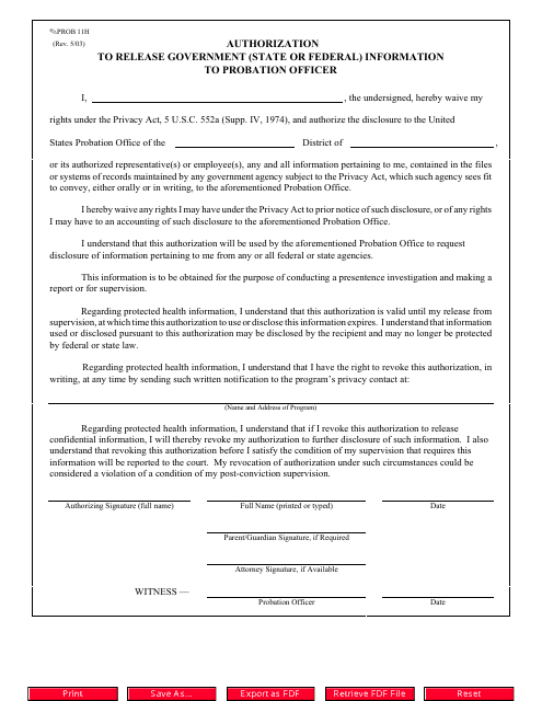 Form PROB11H Authorization to Release Government (State or Federal) Information to Probation Officer - Missouri