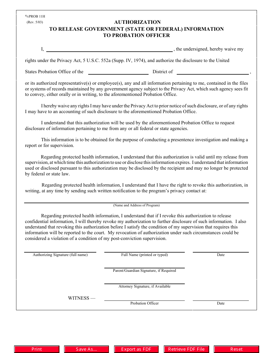 Form PROB11H Authorization to Release Government (State or Federal) Information to Probation Officer - Missouri, Page 1