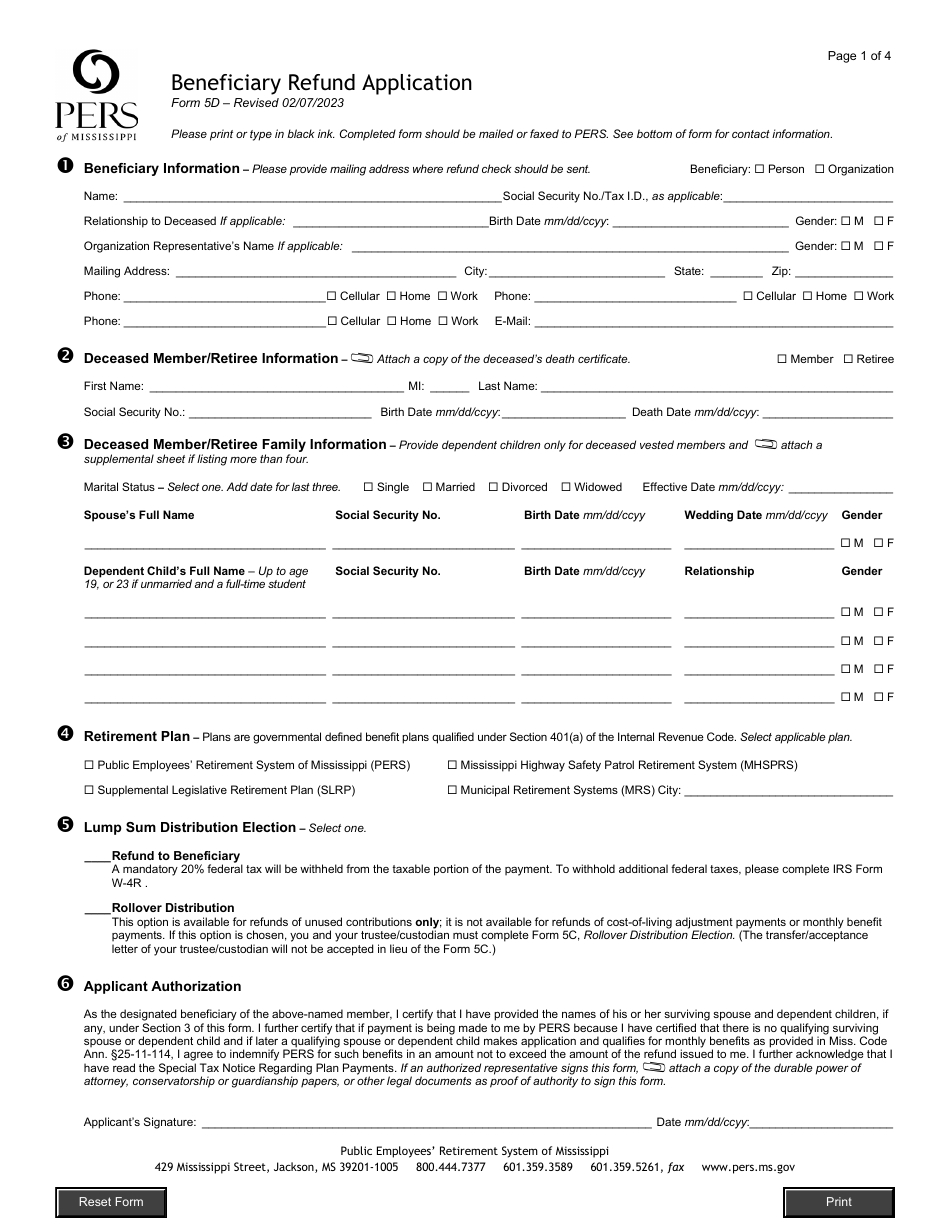 Form 5D Download Fillable PDF or Fill Online Beneficiary Refund