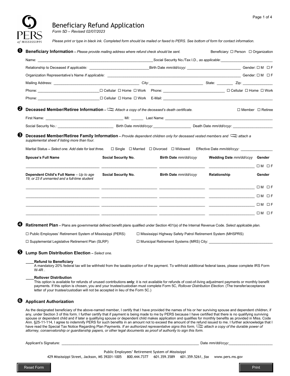 Form 5D Beneficiary Refund Application - Mississippi, Page 1
