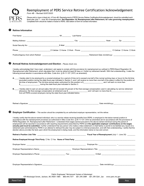 Form 4B Reemployment of Pers Service Retiree Certification/Acknowledgement - Mississippi