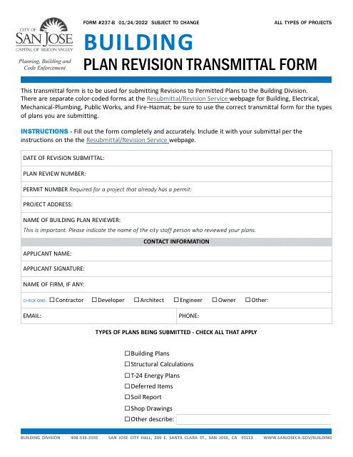 Form 327-B Building Plan Revision Transmittal Form - City of San Jose, California