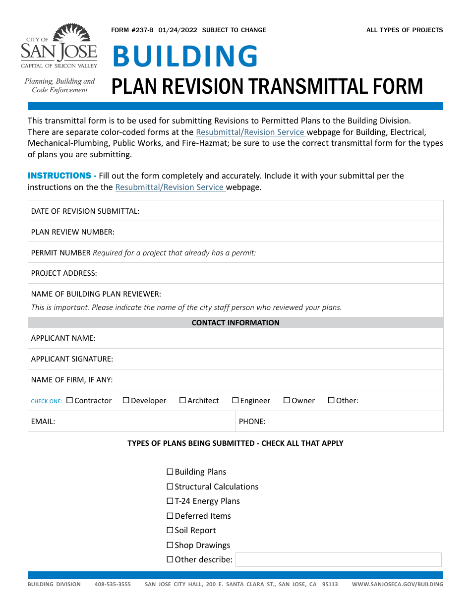 Form 327-B Building Plan Revision Transmittal Form - City of San Jose, California, Page 1