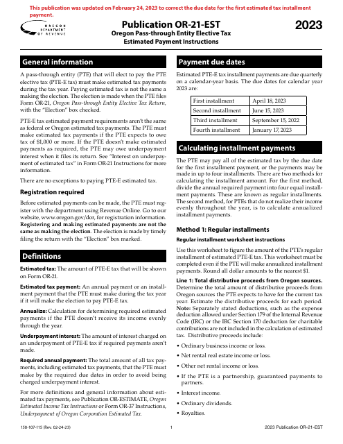 Form OR-21-EST (150-107-115) 2023 Printable Pdf