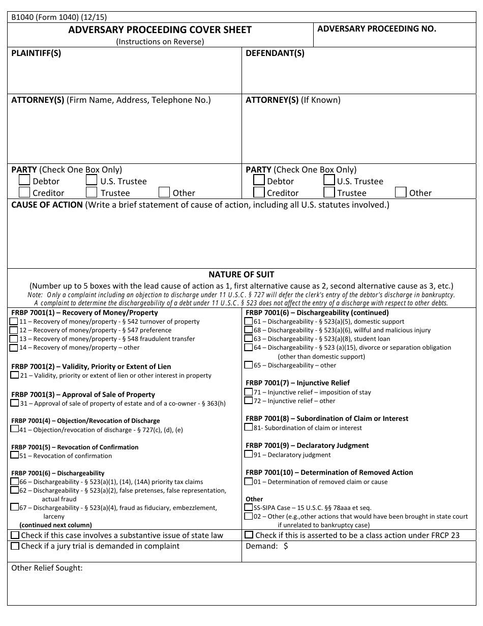 Form B1040 Adversary Proceeding Cover Sheet - Hawaii, Page 1