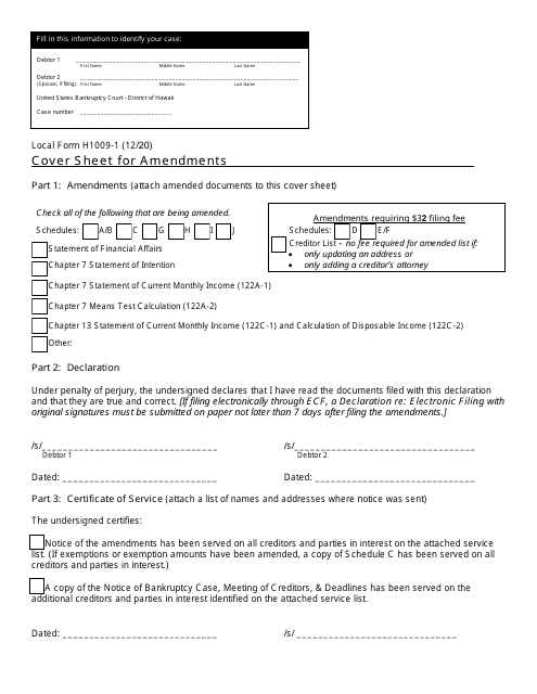Form H1009-1 Cover Sheet for Amendments - Hawaii