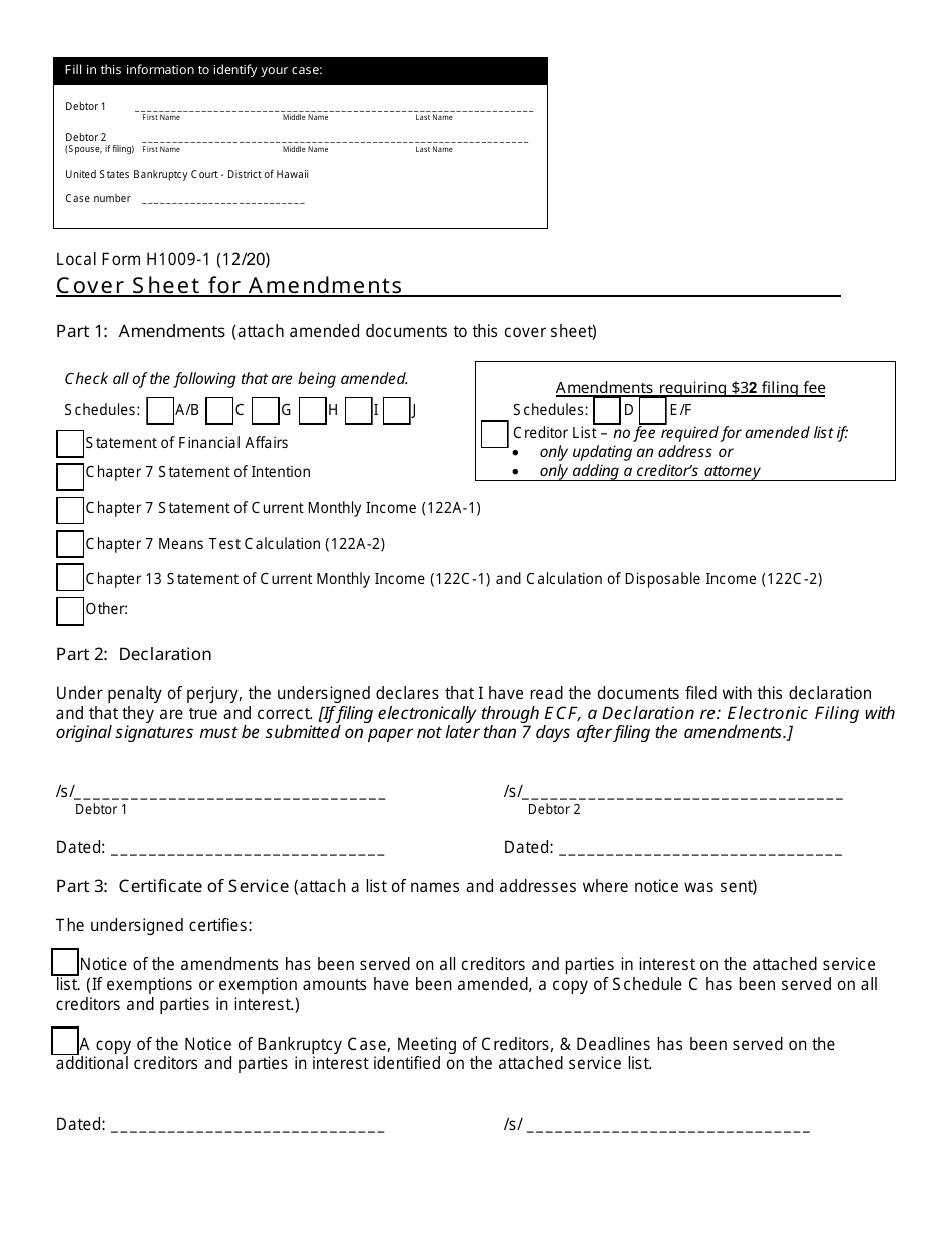 Form H1009-1 Cover Sheet for Amendments - Hawaii, Page 1