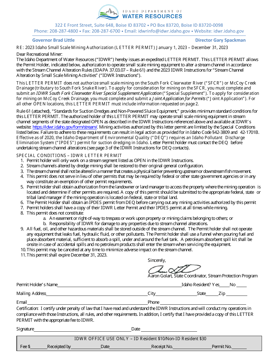 2023 Idaho Idaho Small Scale Mining Authorization (Letter Permit