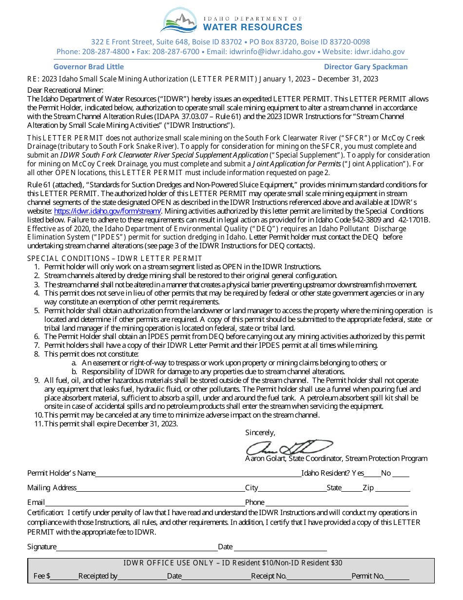 Idaho Small Scale Mining Authorization (Letter Permit) - Idaho, Page 1