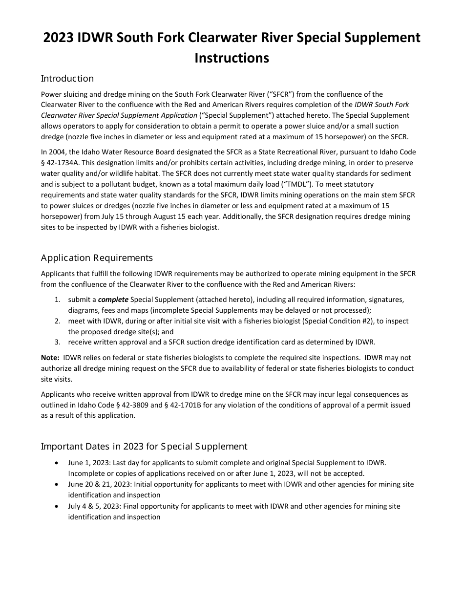 Idwr South Fork Clearwater River Special Supplement Application - Idaho, Page 1