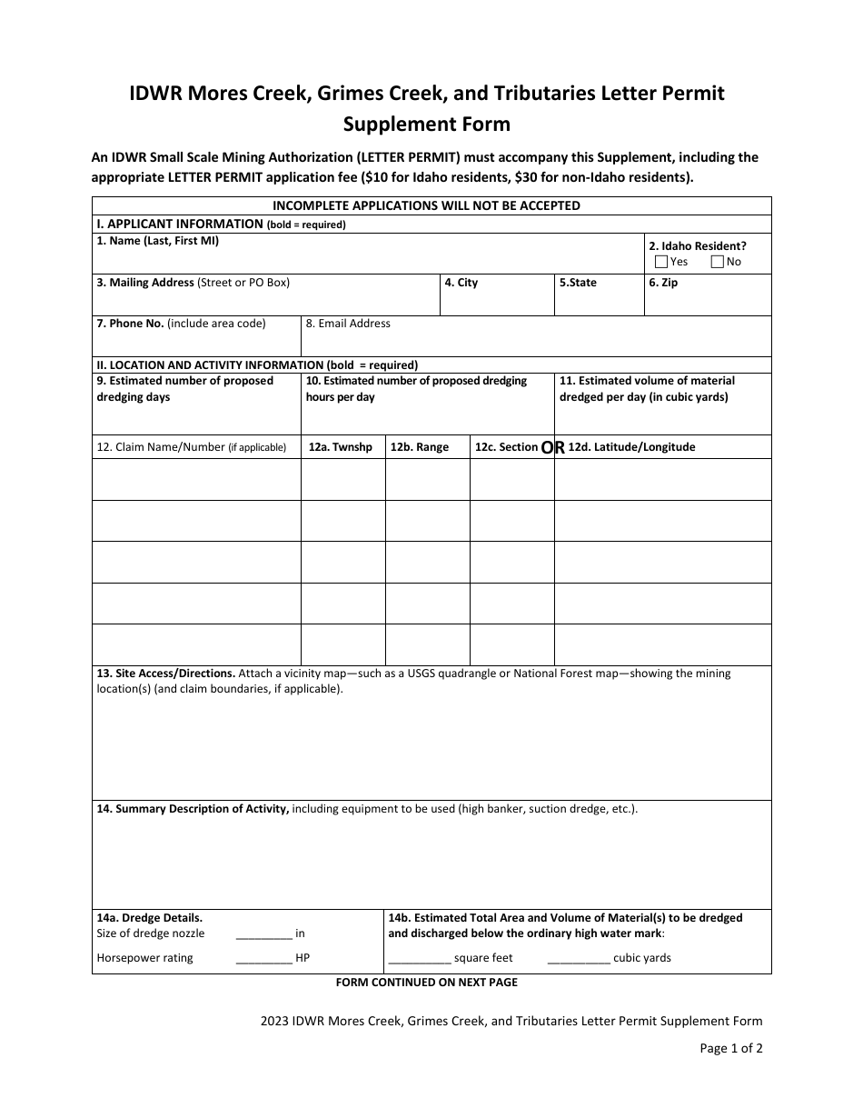 Idwr Mores Creek, Grimes Creek, and Tributaries Letter Permit Supplement Form - Idaho, Page 3