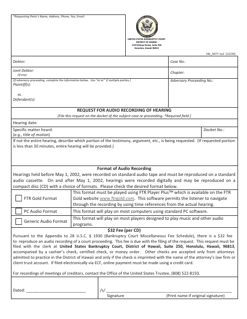 Form H5077-1A2 Request for Audio Recording of Hearing - Hawaii