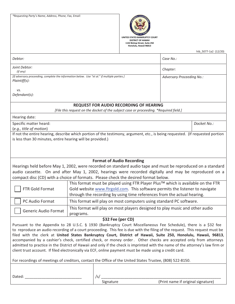 Form H5077-1A2 Request for Audio Recording of Hearing - Hawaii, Page 1