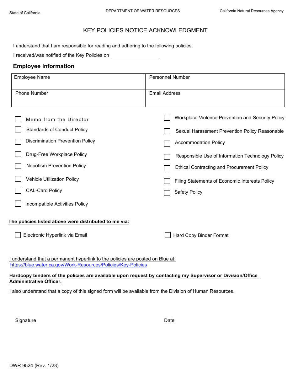 Form DWR9524 Key Policies Notice Acknowledgment - California, Page 1