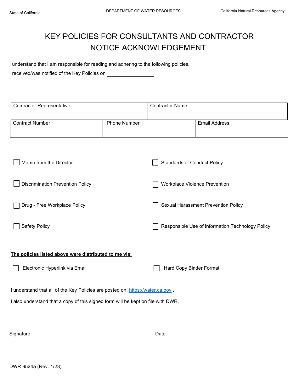 Form DWR9524A Key Policies for Consultants and Contractor Notice Acknowledgement - California, Page 1