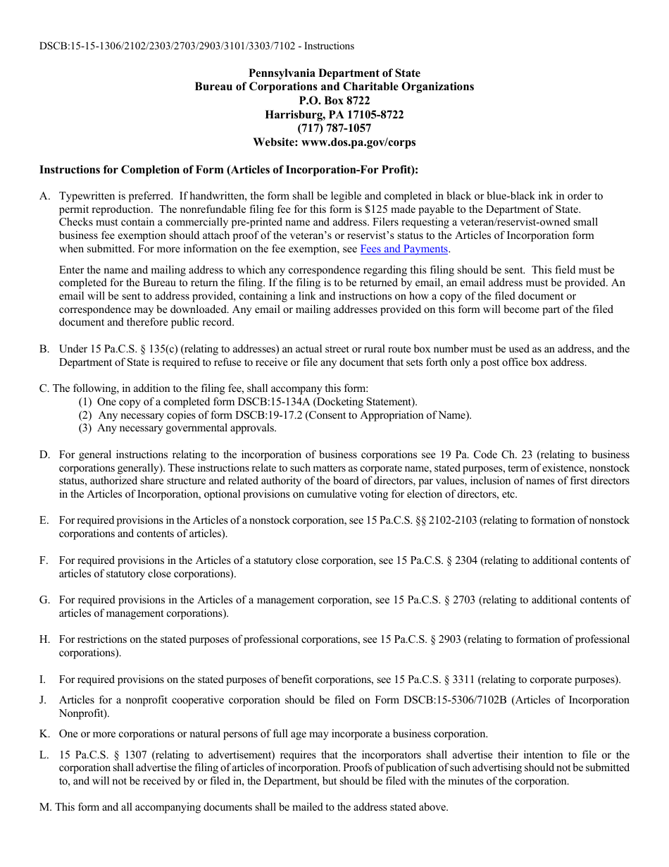 Form DSCB:15-1306 / 2102 / 2303 / 2703 / 2903 / 3101 / 3303 / 7102 Articles of Incorporation - for Profit - Pennsylvania, Page 3