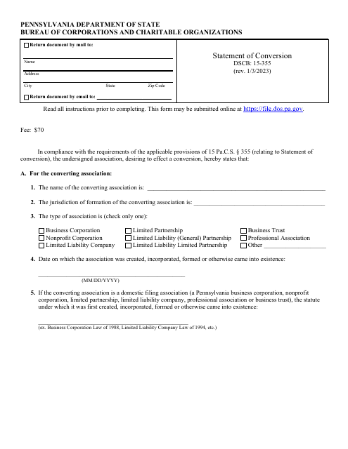Form DSCB:15-355 Statement of Conversion - Pennsylvania