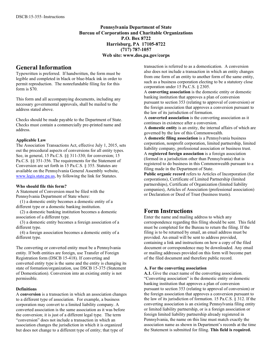 Form DSCB:15-355 Statement of Conversion - Pennsylvania, Page 4
