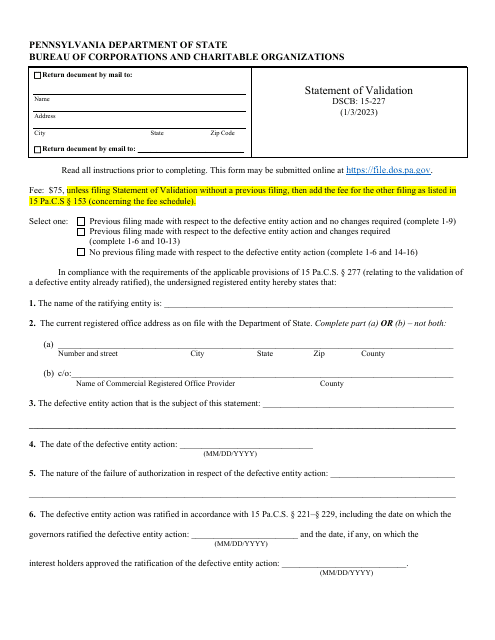 Form DSCB:15-227 Statement of Validation - Pennsylvania