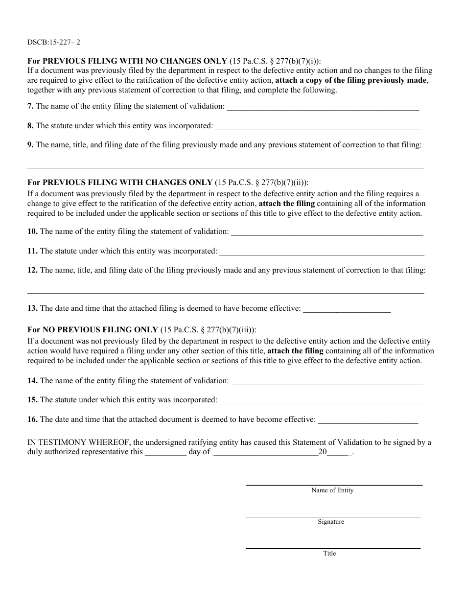 Form DSCB:15-227 Statement of Validation - Pennsylvania, Page 2