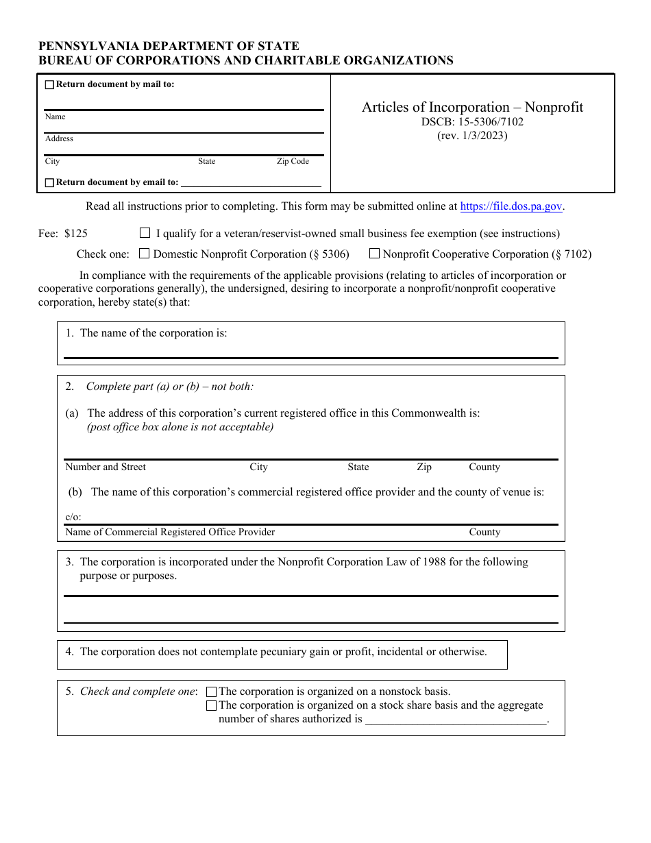 Form DSCB:15-5306 / 7102 Articles of Incorporation - Nonprofit - Pennsylvania, Page 1