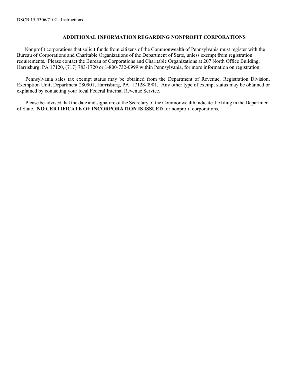Form DSCB:15-5306 / 7102 Articles of Incorporation - Nonprofit - Pennsylvania, Page 4