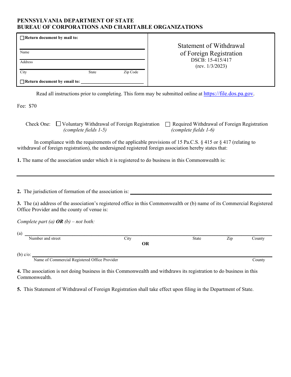 Form DSCB:15-415 / 417 Statement of Withdrawal of Foreign Registration - Pennsylvania, Page 1