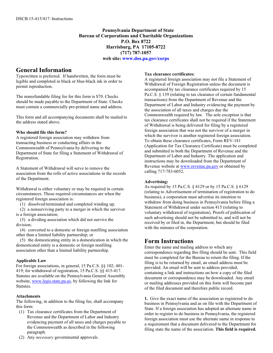 Form DSCB:15-415 / 417 Statement of Withdrawal of Foreign Registration - Pennsylvania, Page 3