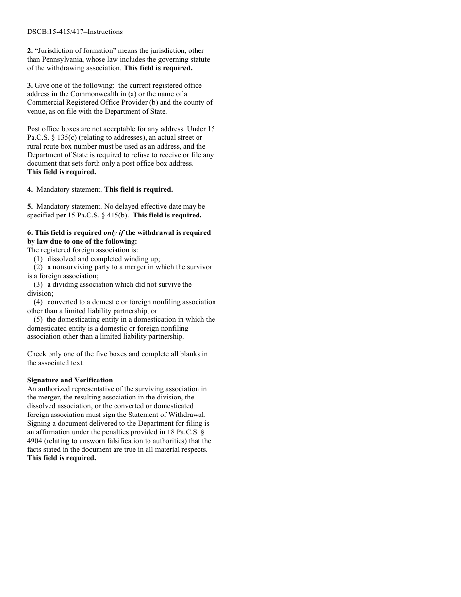 Form DSCB:15-415 / 417 Statement of Withdrawal of Foreign Registration - Pennsylvania, Page 4