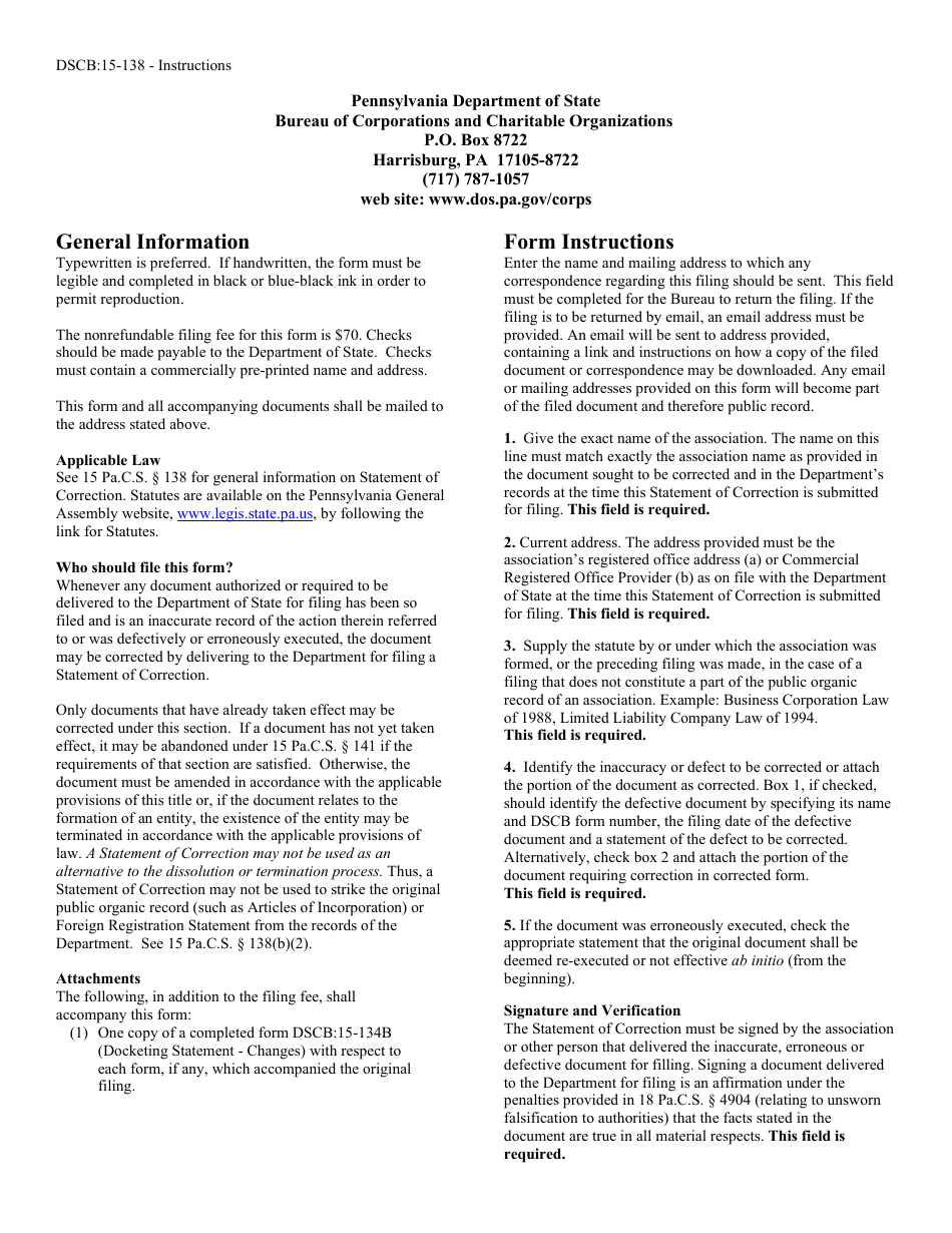 Form DSCB:15-138 Statement of Correction - Pennsylvania, Page 2