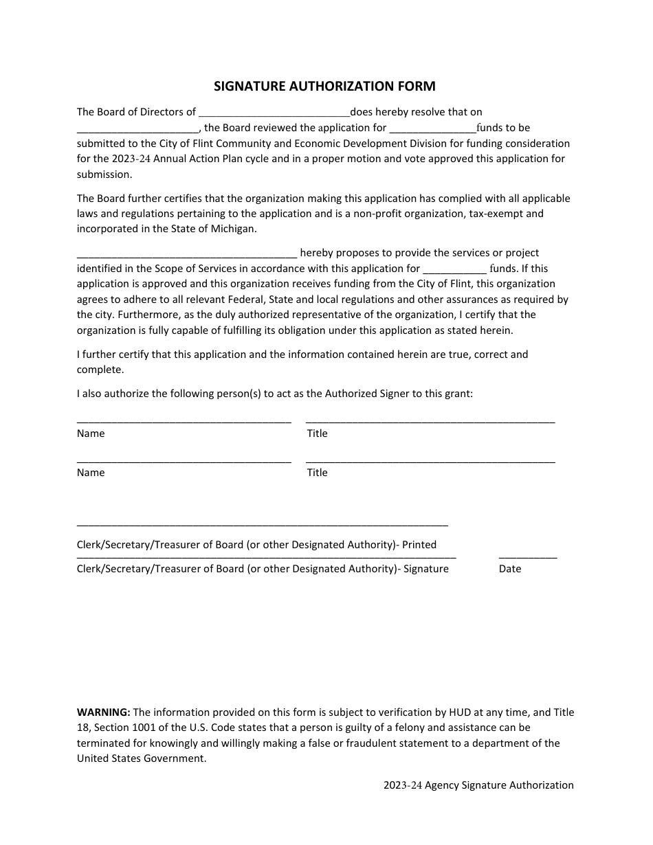 Signature Authorization Form - City of Flint, Michigan, Page 1